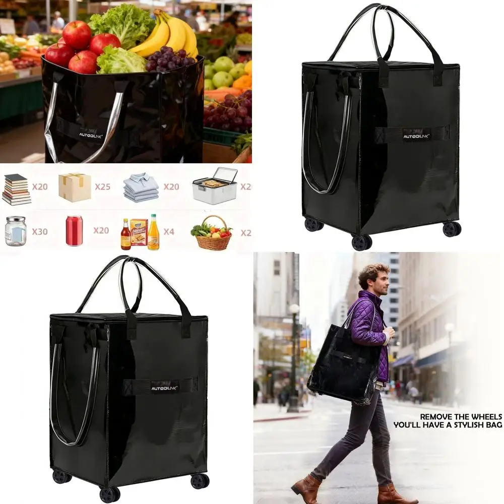 

Rolling Grocery Tote with Extendable Handle and Zippered Cover, Large Capacity, Lightweight, Black