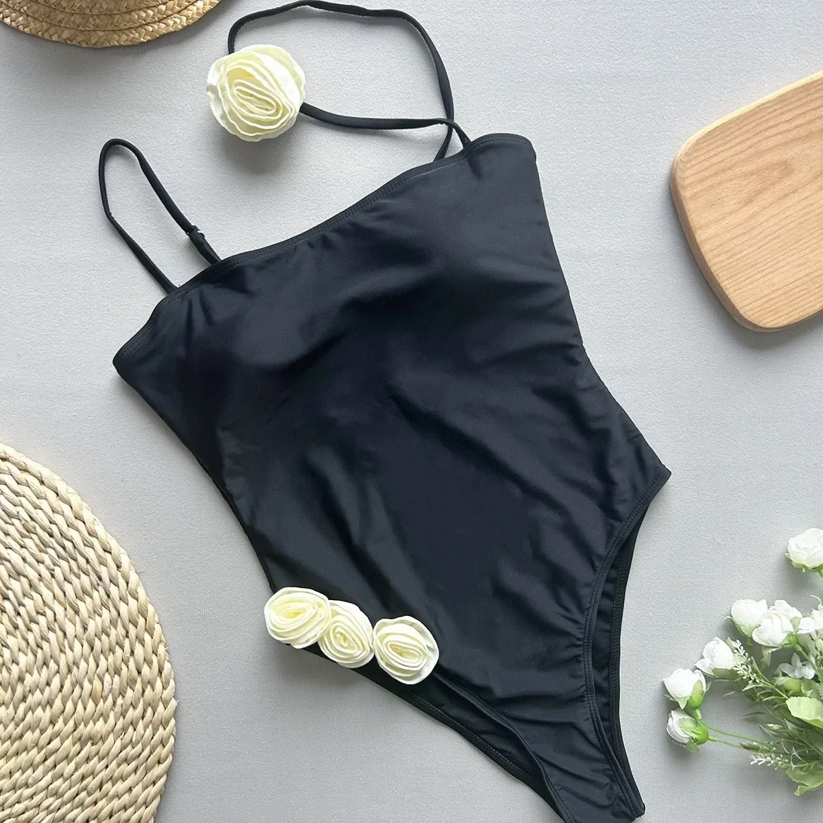 

Sexy Black Strapless One Piece Swimsuit 2025 New Swimwear Women Swimsuit Bathing Suit Beachwear 3D Flower Monokini