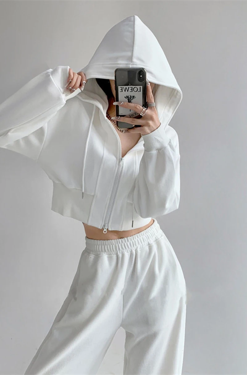 Women Cropped Hoodie Two Way Zipper Jacket Drawstring Hem Sweatshirt Slim Fit Long Sleeve Grey Athletic Yoga Gym Running Top