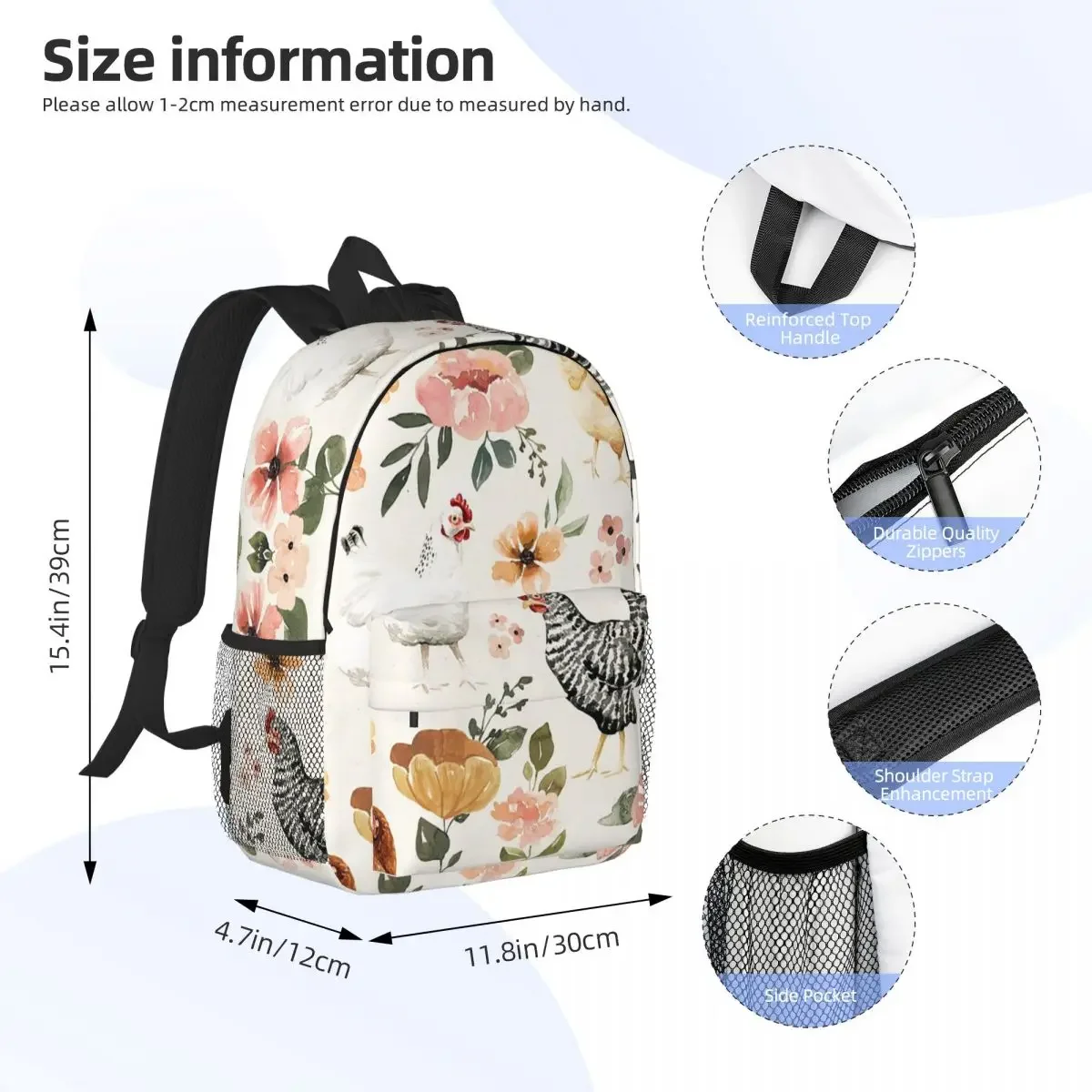 Watercolor Chicken Floral, Charlotte Floral Collection Backpacks Teenager Bookbag Children School Bags Rucksack Shoulder Bag