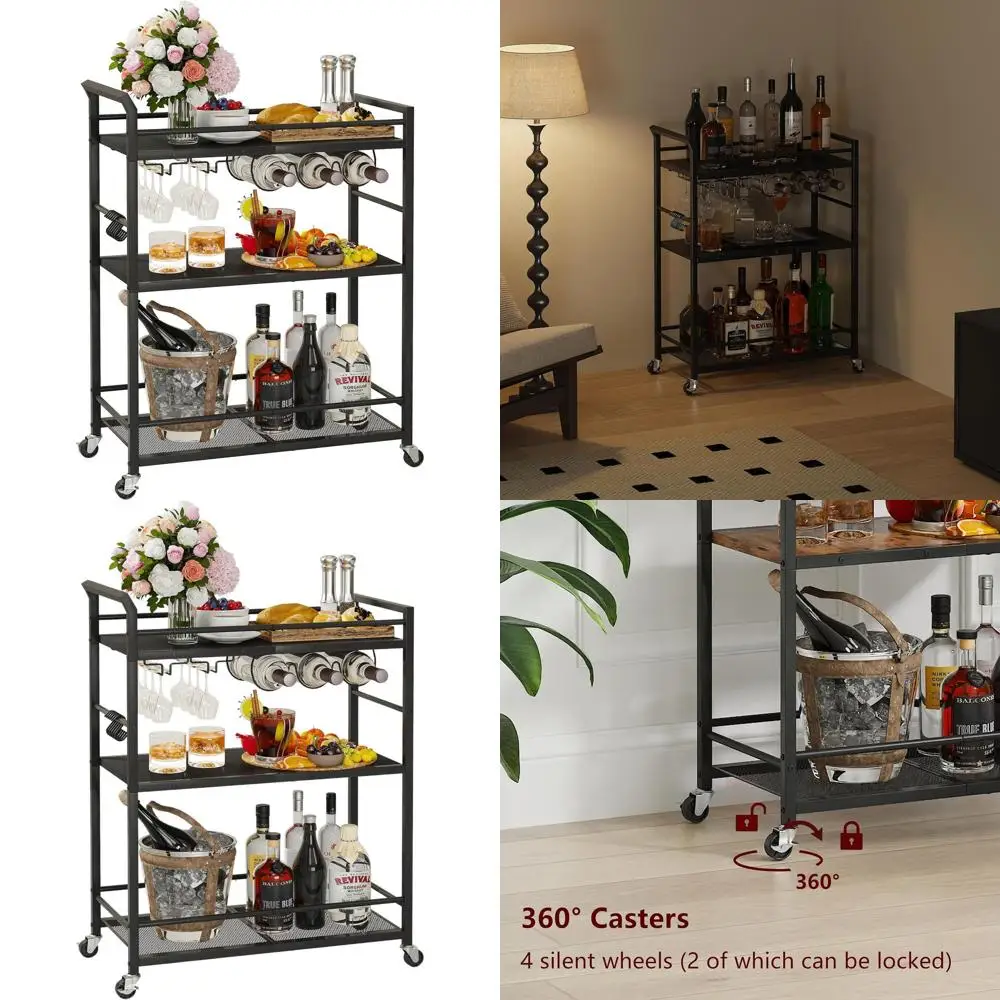

Передвижная 3-ярусная тележка-бар с подставкой для вина, передвижная тумба для напитков для кухни, столовой и гостиной, черная