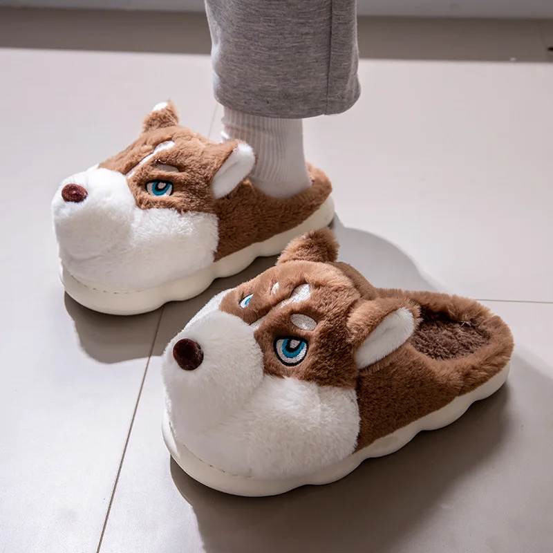 2024 Winter Slippers home Couple Cute Husky Plush Fluffy House Indoor Shoes anti slip warm furry chinelo femin New big size 46