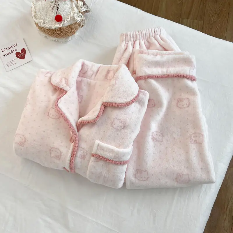 

Sanrio Hello Kitty женский пижамный комплект, новая осенне-зимняя утолщенная плюшевая фланель из кораллового флиса, милая домашняя одежда для дома, одежда для сна