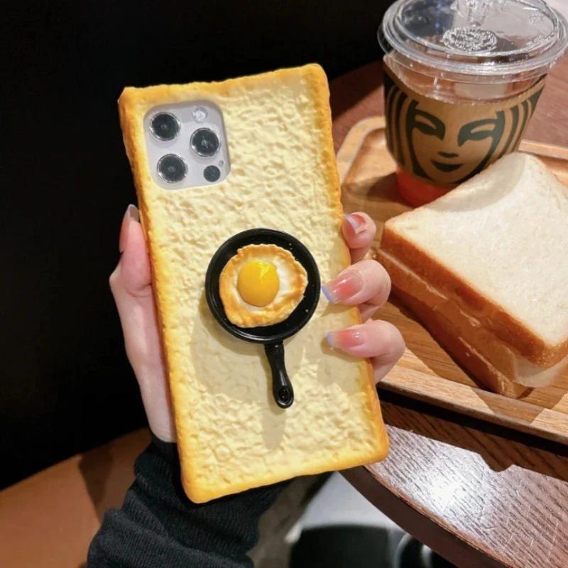 

Delicious 3D Toast Bread Bracket Phone Case For iPhone 14Pro MAX 15 14 13Pro 12 11Cookie Egg Handle Holder Protection Soft Cover