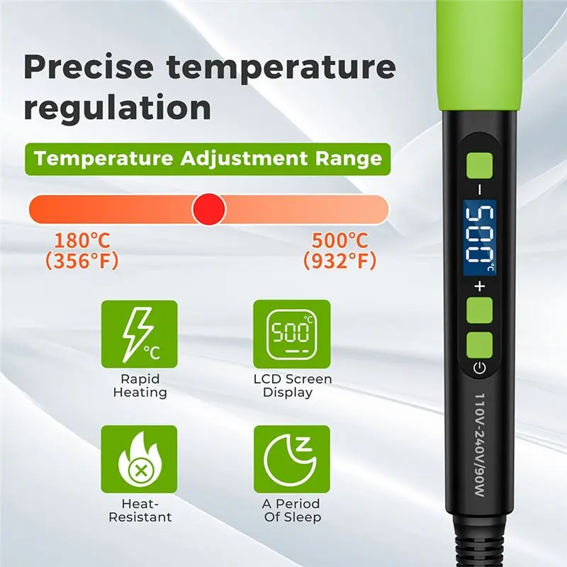 AT51-90W Soldering Iron Kit With 5 Tips & Stand, LCD, Auto-Sleep, Fast Heat, 180-500°C (356-932°F), For Repair & DIY