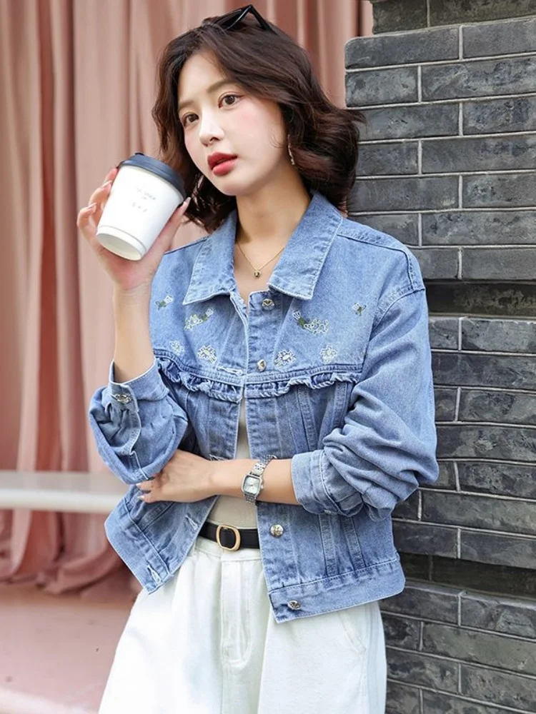 Korean Sle Fre Embroidered ort Denim Jaet Women's Autumn Faion Design Unique Top Trendy Button up Casual Coat
