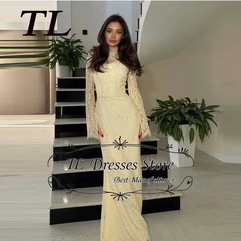 

TL Yellow Lace High Collar Long Sleeves Evening Gown Vintage Long Sleeves Modest Formal Event Dresses for Wedding