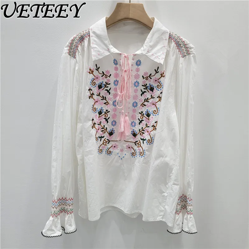 

Осень 2022, новая универсальная рубашка во французском стиле с белым воротником для женщин, нишевая жаккардовая блузка, модные топы с длинными рукавами для женщин