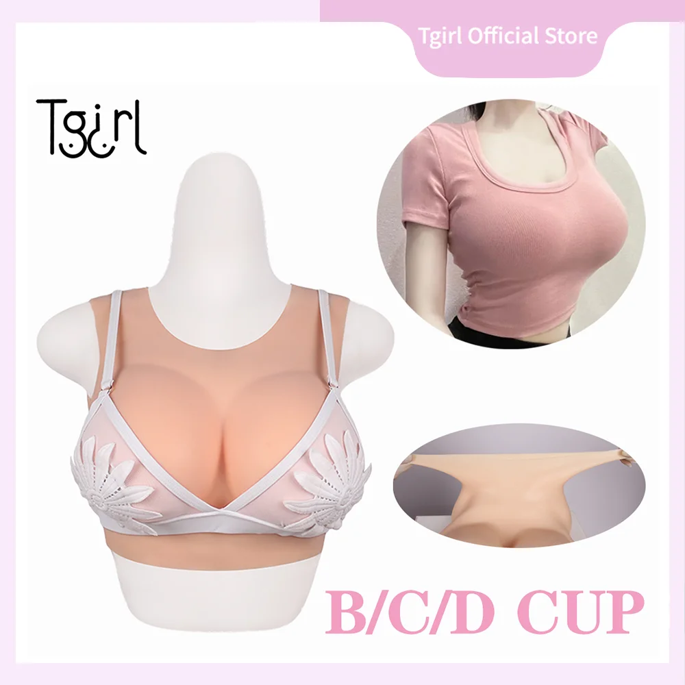 Tgirl Breast Protheses Fake Boobs Sissy Big Tit Cosplay Silicone Breast Form with Round Neck Transgender Dragqueen Crossdresser