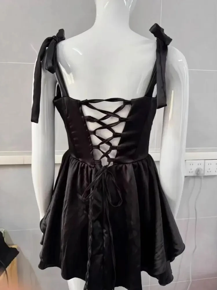 Estate Moda Donna Sexy Canotta Mini Abito Solid Camis Tie up Abiti corti Silm Fishbone Camicia Coquette Casual Y2k Vestiti