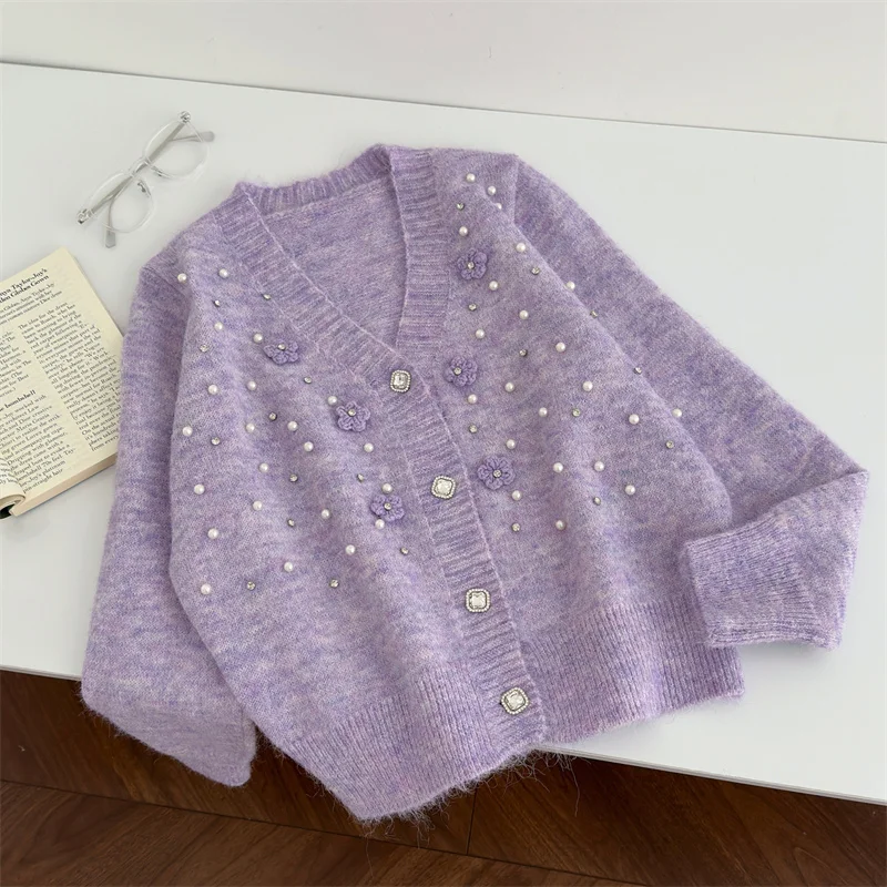 

Весенне-осенний вязаный свитер с цветочным принтом и бисером, кардиган, 2022, топ с v-образным вырезом, женское свободное пальто в корейском стиле с длинными рукавами