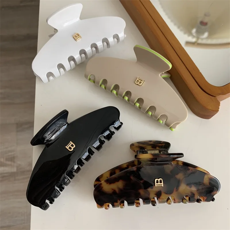 9CM Metallic Letter B Korean New Fashion Acetic Acid Leopard Print Arc Hair Clip Claw Sweet Versatile Shark Clip For Women Girls