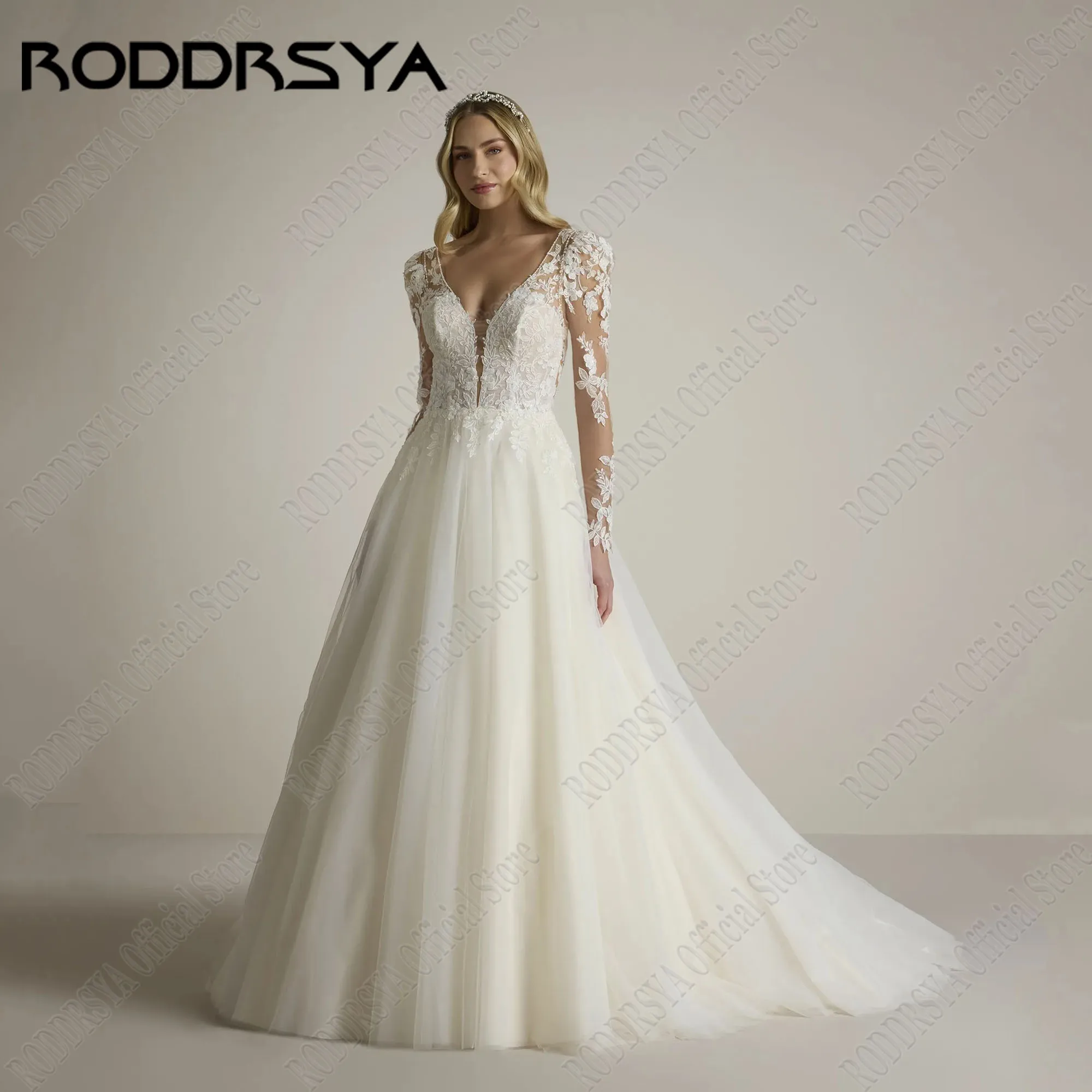 

RODDRSYA Long Sleeve Wedding Dresses For Bride Luxury A-Line V Neckline Backless Applique Lace Bride Gowns Vestidos De Novia