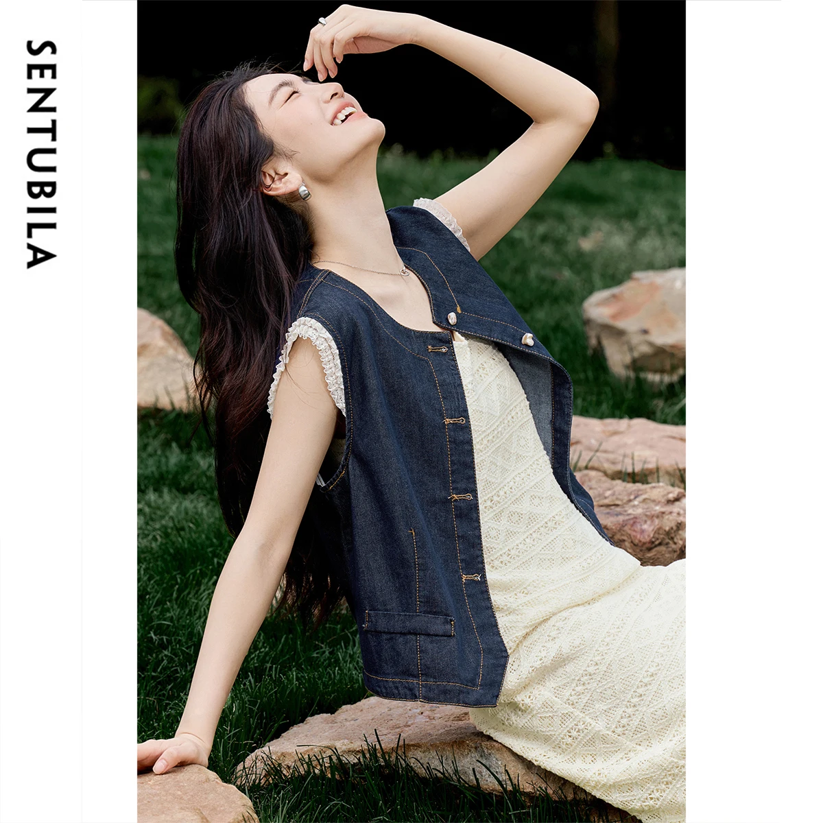 SENTUBILA Denim Jackets Sleeveless Vest Spliced Lace Coats Single Breasted Women's Clothing W52JC1839