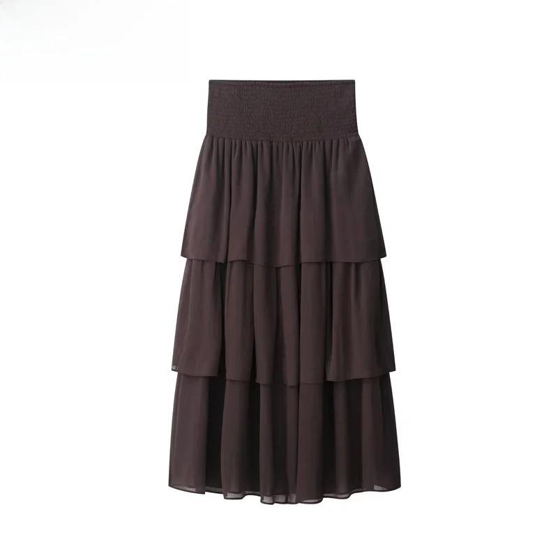

ZBZR Spring New Women's High Waist Slim Fit Midi Skirt Layered Decoration Pure Color H-Line Sli Ci Commute Skirt