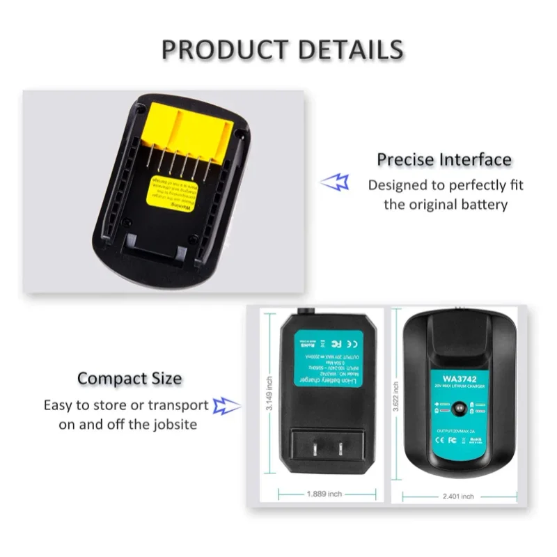 WA3742 Replacement for Worx 20V Battery Charger WA3781 WA3775 WA3732 18V 20V Lithium Ion Battery WA3520 WA3525 WA3575 WA3578