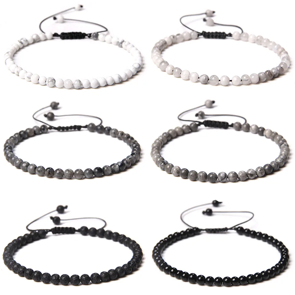 Schwarz-weißes kleines Steinperlen-Armband, 4 mm, natürliche Achate, vulkanisches Lavastein, geflochtenes Armband, gewebtes Seil, Armreif, Mediation-Schmuck
