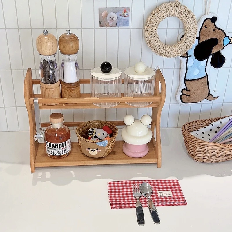 

Двухслойный бамбуковый деревянный держатель для хранения вещей Ra, кухонный держатель для приправ, настольный органайзер для спальни, косметический органайзер, портативное хранилище эльф