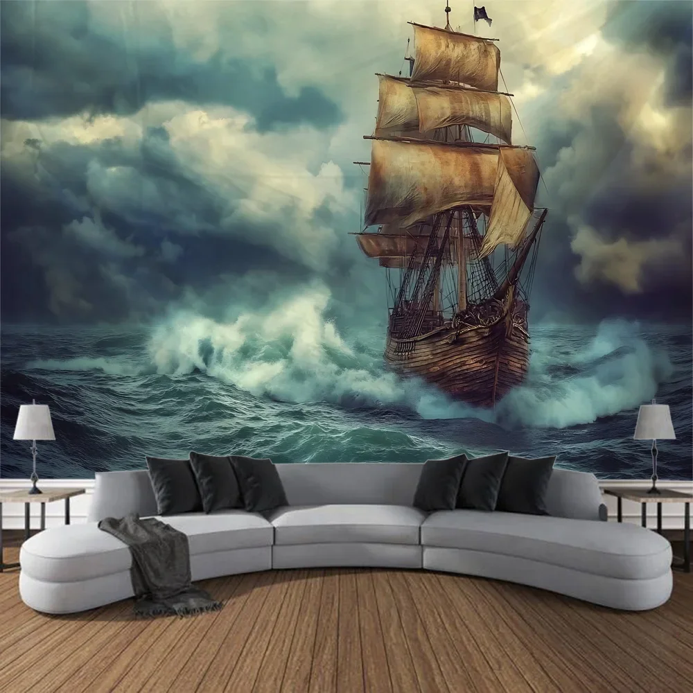 Navigation Landscape Tapestry Retro Pirate Ship Art Wall Hanging Fantasy Bohemian Aesthetics Decoration Room Art Wall Decoration