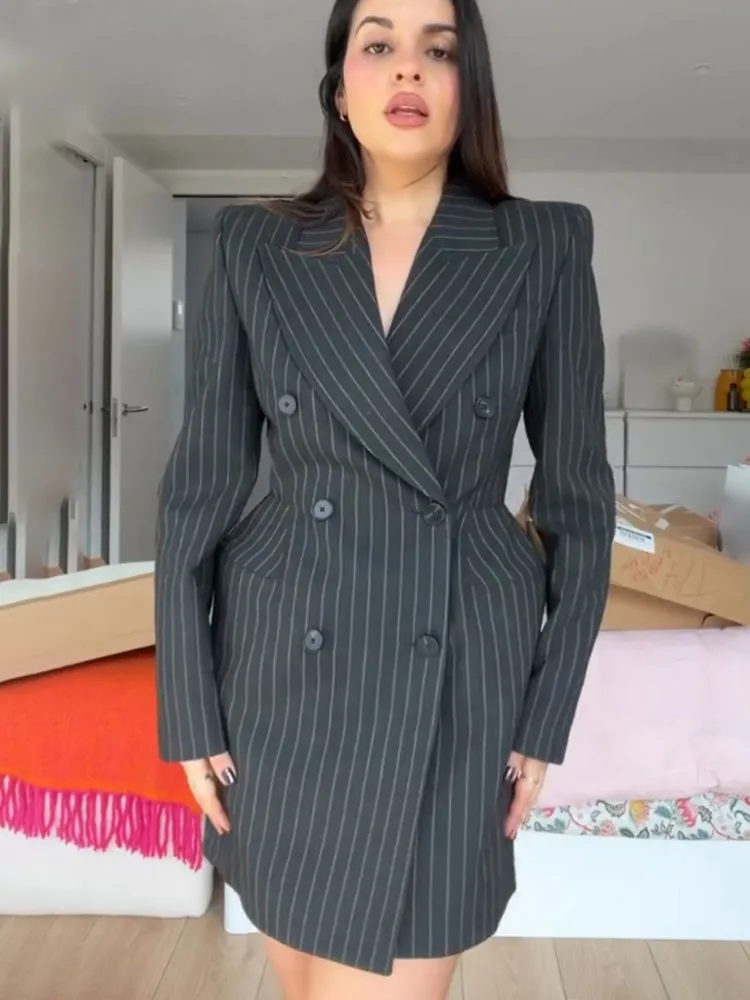 Blazer de Mujer HH 2026, Moda Primavera, Color Gris Carbón, Rayas Finas, Solapa, Doble Botonadura, Manga Larga, Chaqueta de Traje para Oficina