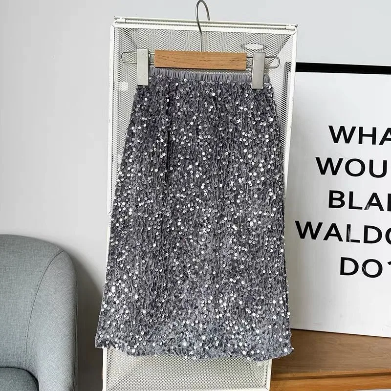 Kids Girls Velvet Fishtail Skirt with Sparkling Sequins All-Season Elegant Design for 2025