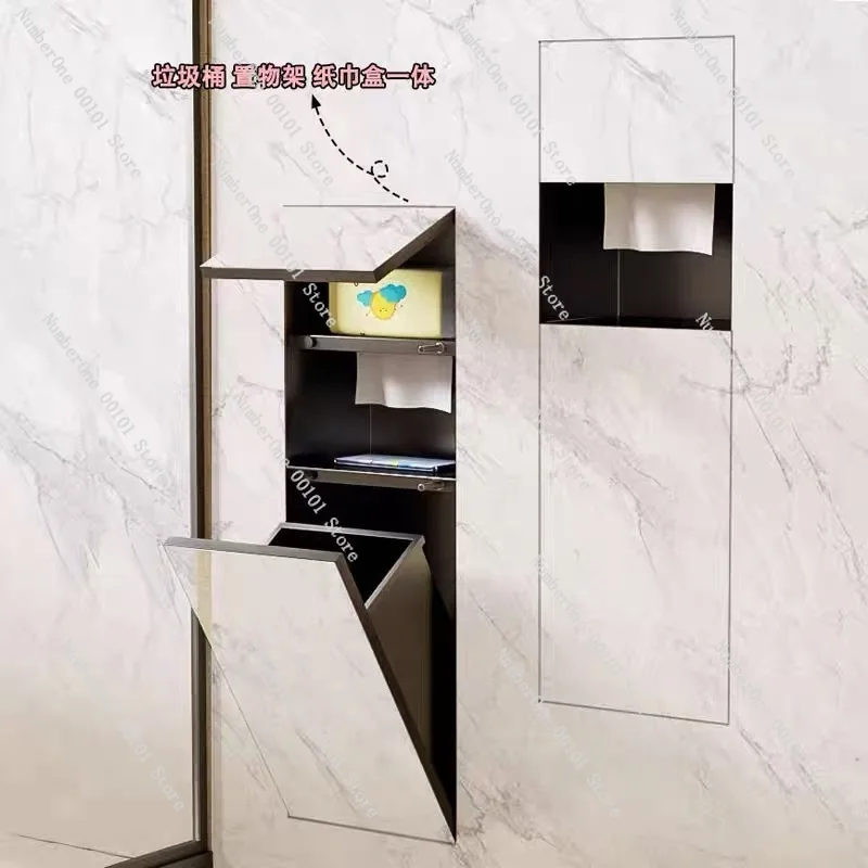 304 Stainless Steel Recessed Wall Niche Trash Can Tissue Holder Combo Hidden Toilet Paper Dispenser Storage Cabinet view 2