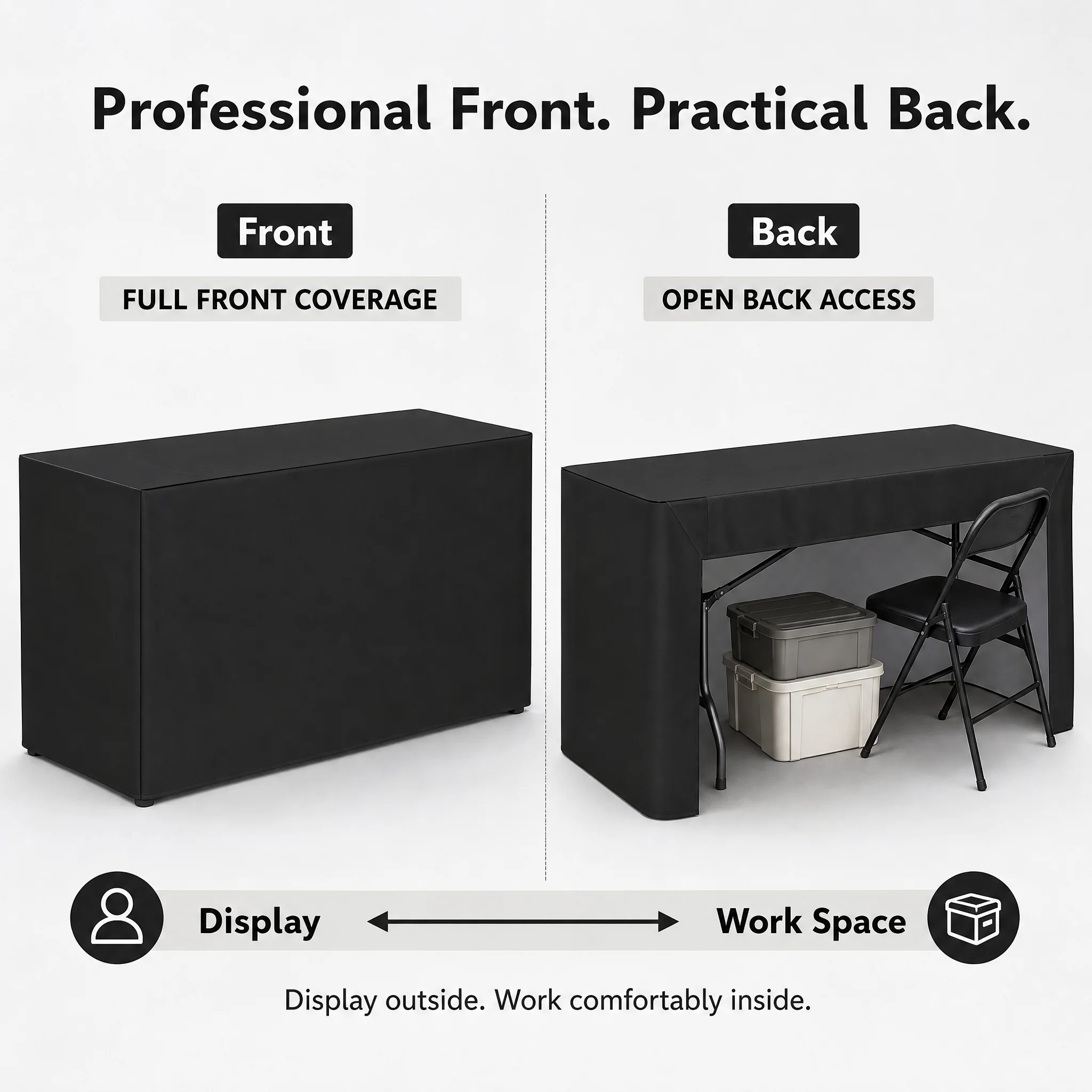 Custom Open Back Table Cover, Custom Size, Print Your Logo Text Pattern, Vendor Market Stall Fitted Tablecloth for Trade Show Bo