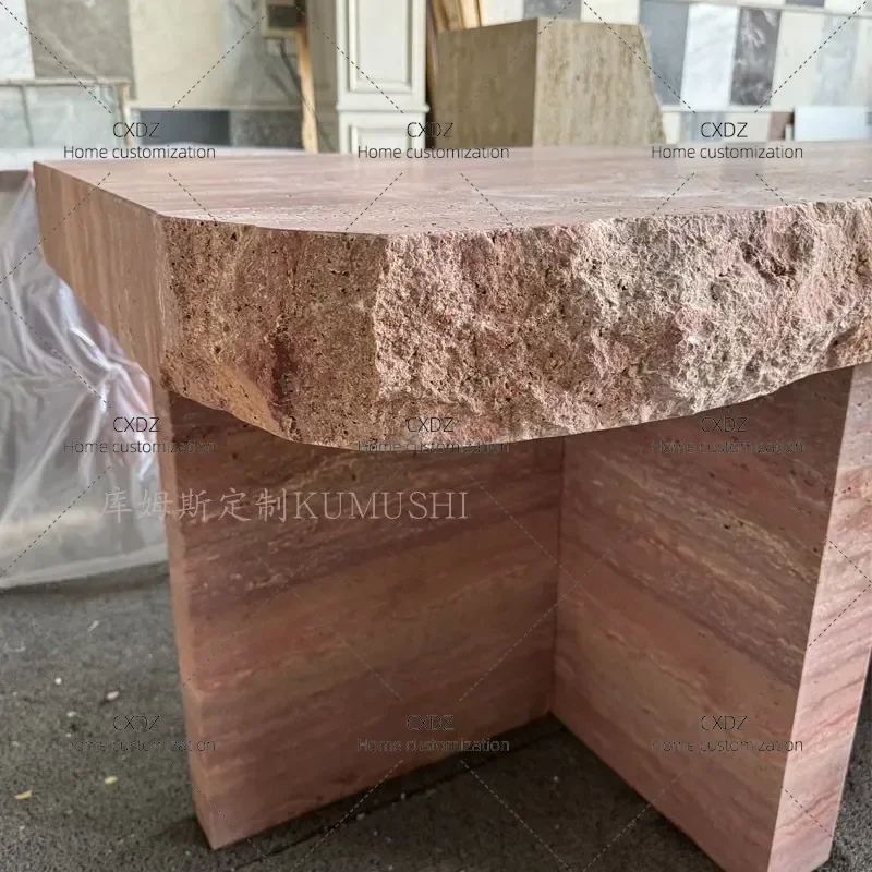 Wabi Sabi Rectangular Red Travertine Dining Table Natural Stone Retro Style High End Furniture for Clothing Store Display