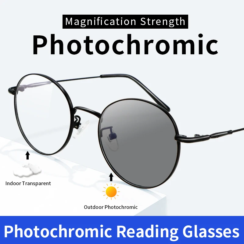 

Photochromic Reading Glasses for Men Stylish Round Retro Eyeglasses CR39 Resin Lens Anti Glare UV Filter Magnifying glasses