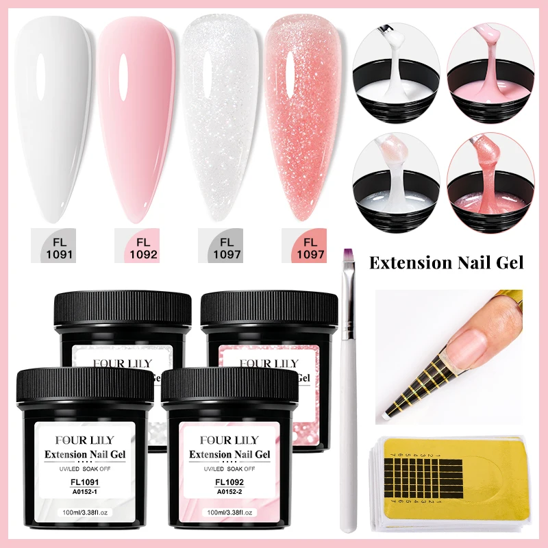 FOUR LILY 1pcs/2pcs/4pcs 100ml Extension Nail Gel Milky White Pink Glitter Builder Gel UV LED Strong Nail Extension Manicure