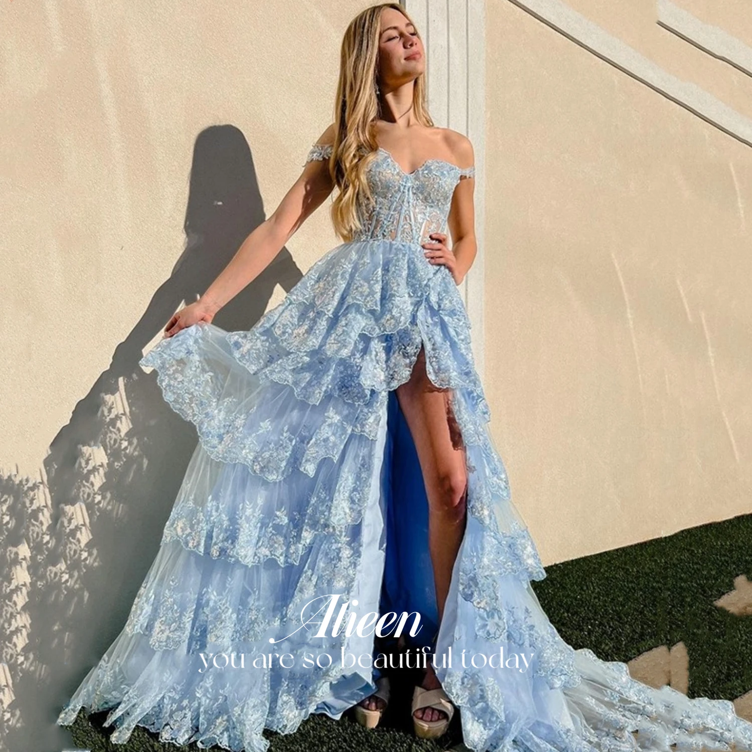 

Aileen Graduation Gown Party Dress Women Elegant Luxury Evening Dresses 2023 Tailing Lace Layered Sharonsaid Line A Blue Prom