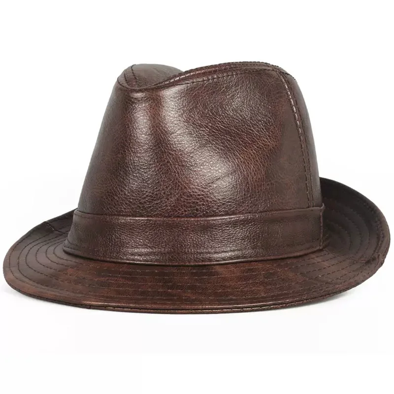 New In 2024 Men High Quality Genuine Leather Jazz Fedora Cap Gentleman Cow Skin Short Brim Black/Brown Top Hat Male Shows Topper