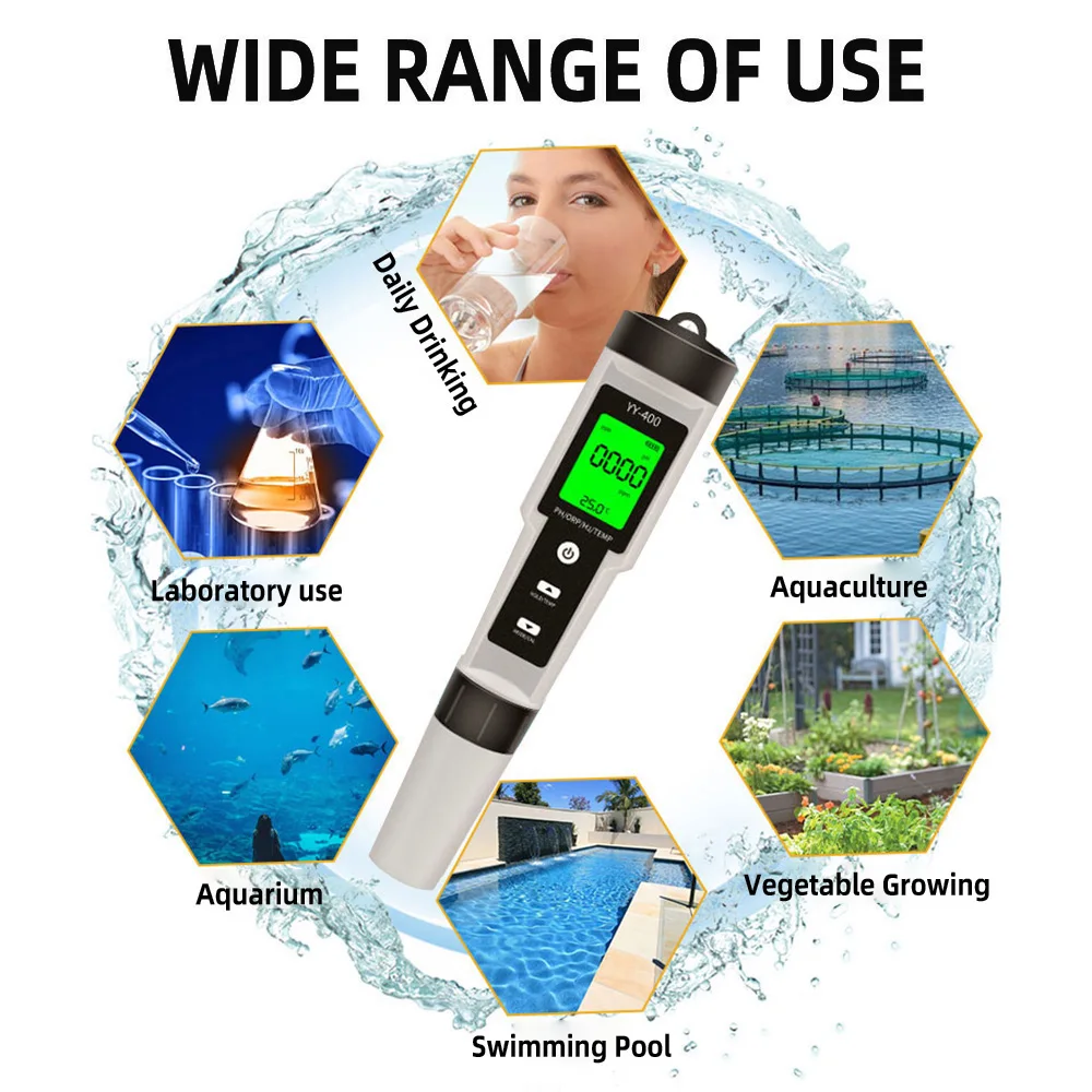 4 in 1 H2/PH/ORP/TEMP Meter LCD Backlight Digital Water Quality Monitor Tester PH Meter for Pools, Drinking Water, Aquariums