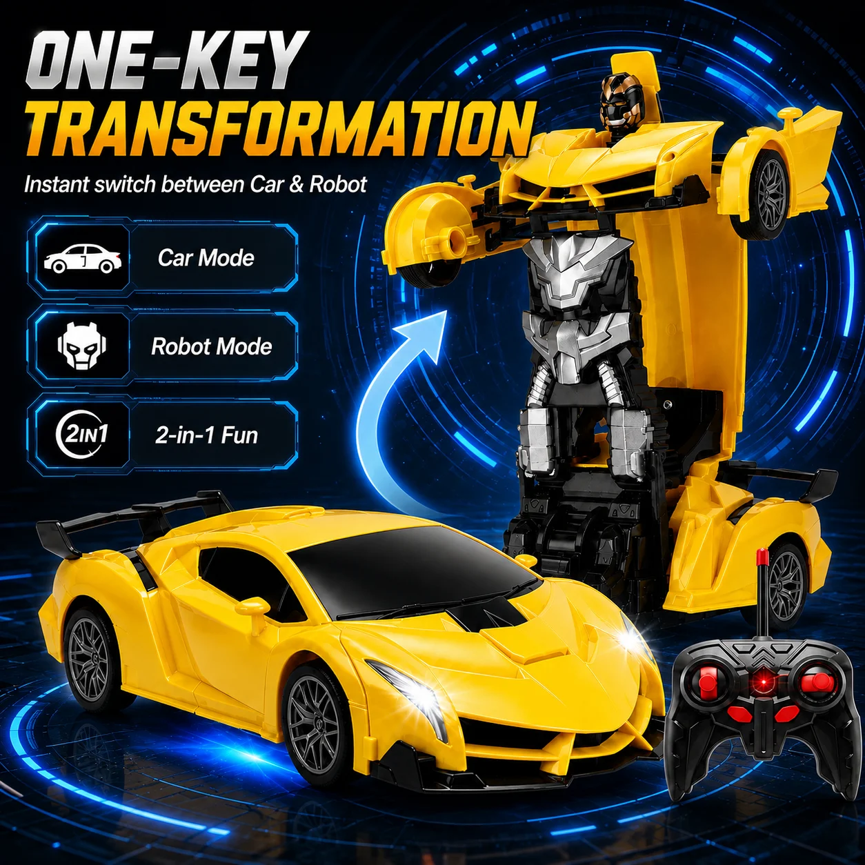 2.4GHz RC Transforming Robot Car Toy One Key Deformation Drift Racing Car with LED Lights Sound Remote Control Vehicle for Boys