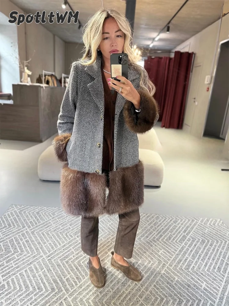 Women Grey Midi Length Herringbone Coat Long Sleeve Button Up Pockets Faux Fur Jacket Autumn Winter Lady Daily Street Outerwear