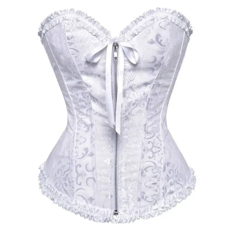 Women Floral Jacquard Corset Top Overbust Lace up Zipper Plastic BonesBustier Gothic Sexy Lingerie Basques