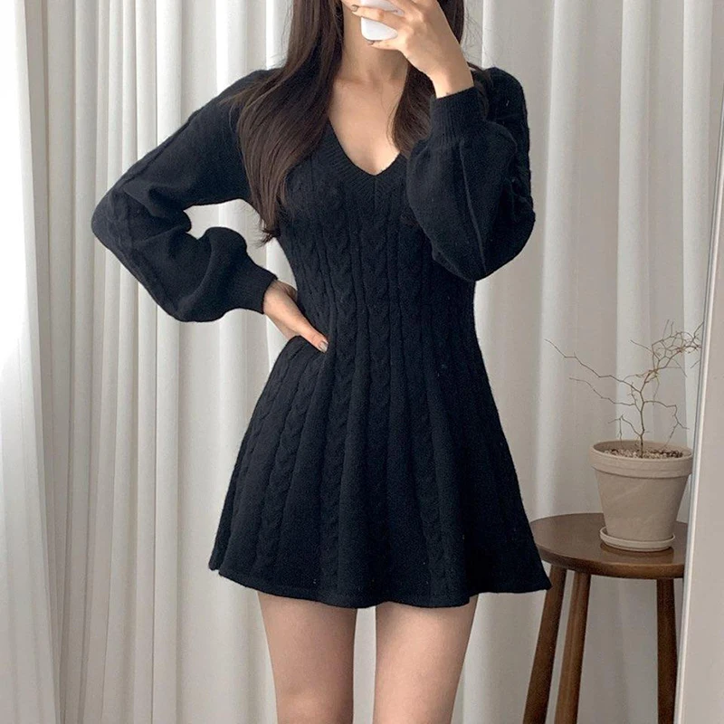 MEXZT Elegant Knitted Mini Dress Women Black Sexy V Neck Sweater Dresses Winter Korean Lantern Long Sleeve Bodycon Vestidos New