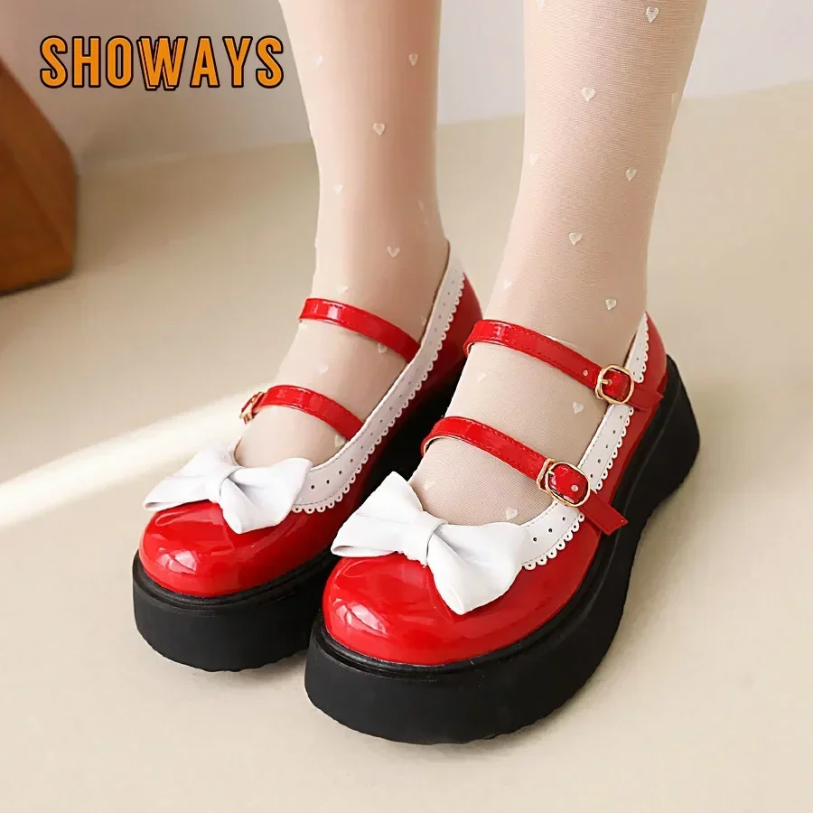 Dolce piattaforma Kawaii Mary Janes donna rosso nero in pelle verniciata tacchi spessi décolleté preppy giapponese papillon punta tonda scarpe Lolita