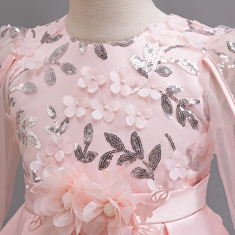 Черное платье принцессы для причастия, дня рождения, танцевального выступления, черное платье с блестками для девочек, свадебное платье подружки невесты с длинными рукавами