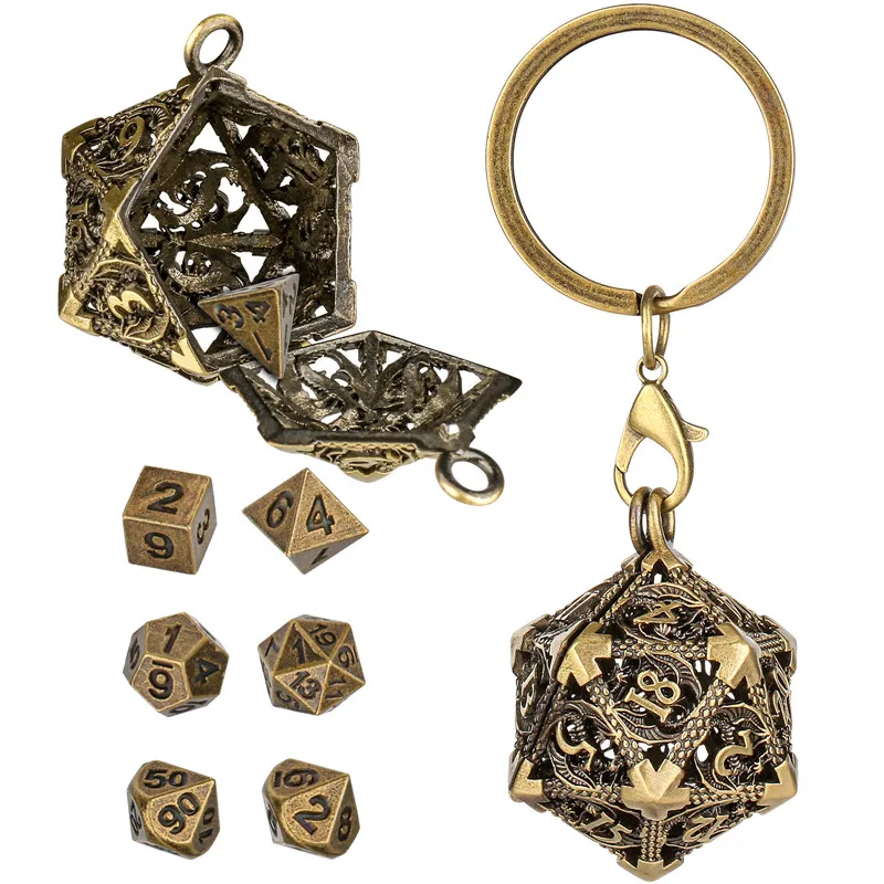 Pequeno chaveiro portátil com caixa de metal oca D20 minúsculo 7 peças conjunto de dados de metal poliédrico acessório de dados para jogos