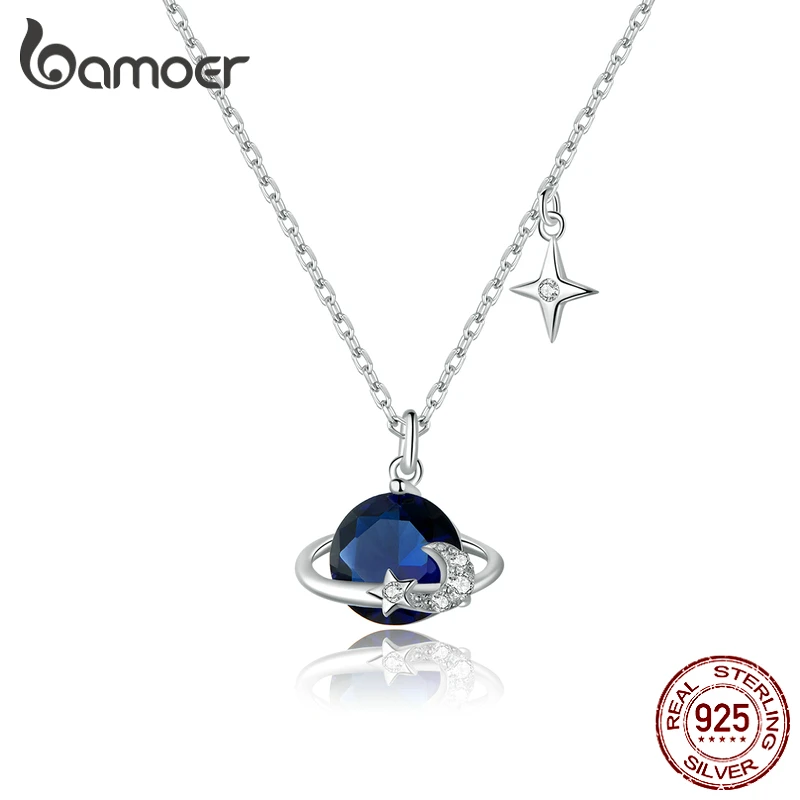 

Ожерелье с синим цирконием и планетой, стерлинговое серебро 925 пробы, уникальный декоративный дизайн с луной и звездой, двойной кулон, ожерелье, женские ювелирные изделия