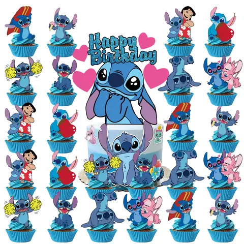 Stitch Party Supplies Stitch Cake Topper、Cupcake Toppers for Kids Happy Birthday Cake Decoration Baby Shower Stitch Party Gifts