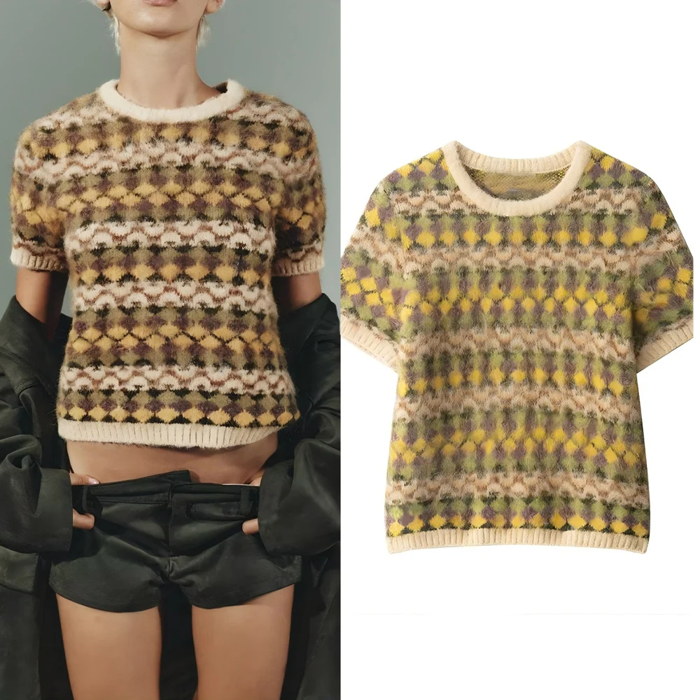 

Women's new comfortable versatile color wiping effect O Neck jacquard knitted sweater short sleeved women's pullover chic top