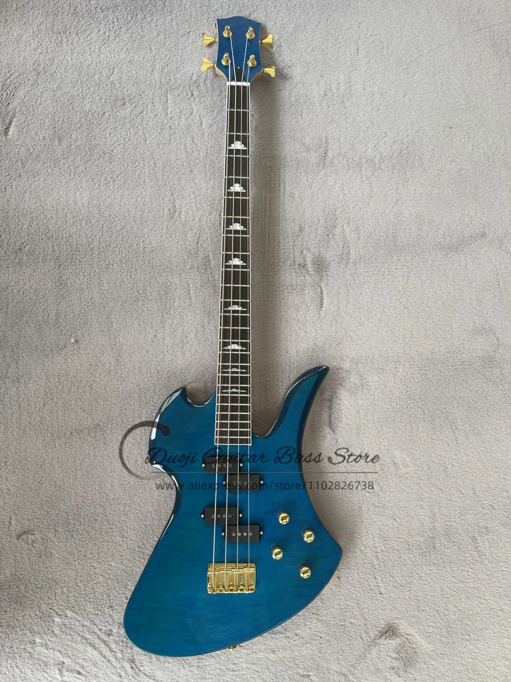 Classic 4 strings blue bass, flamed maple top, golden bass bridge, solid wood body, 4 single pickups, customizable