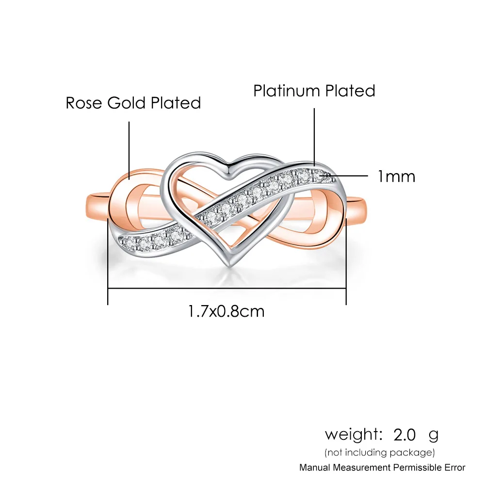 خواتم الزفاف للنساء القلب لا نهاية لها الحب صغير الزركون ارتفع الذهب اللون لطيف خاتم ضخم بالجملة مجوهرات العروس DZR029