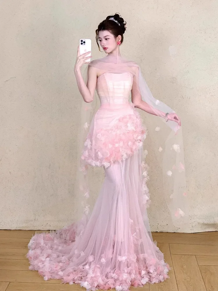 Розовые длинные свадебные платья по индивидуальному заказу, женские тюлевые цветы без бретелек со складками, Русалка, вечерние платья для выпускного вечера, танцевальные свадебные вечерние платья