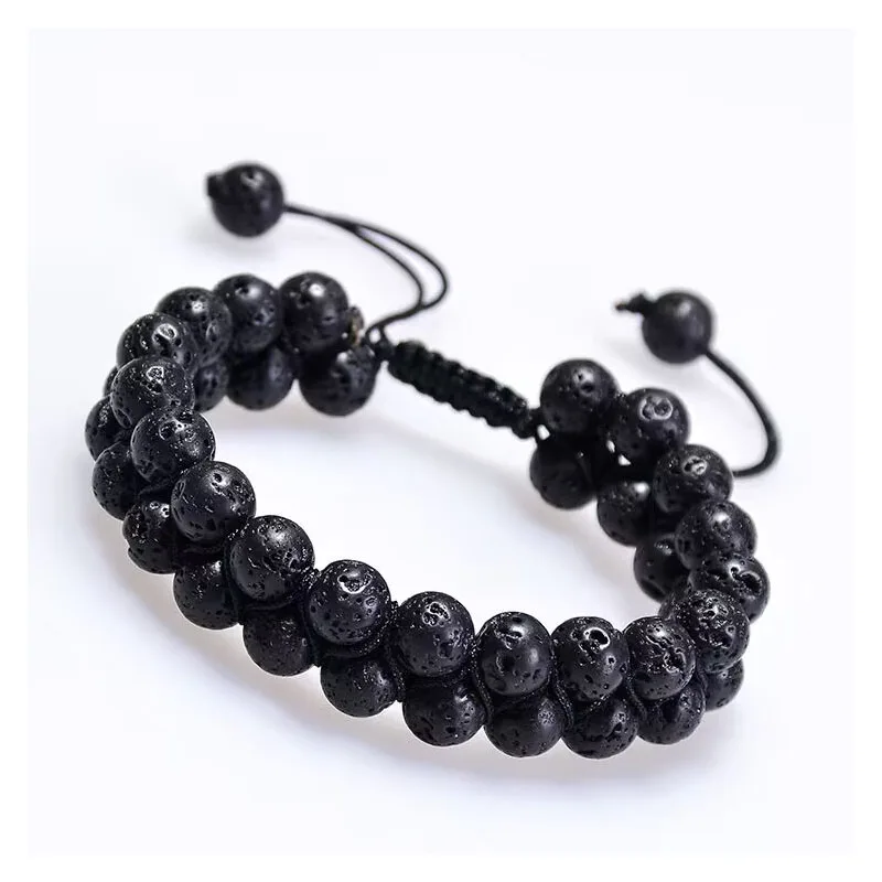 

Black Volcanic Lava Double Row Bracelet Natural Stone Double Layer Woven Adjustable Bracelet for Men and Women's Jewelry Gifts