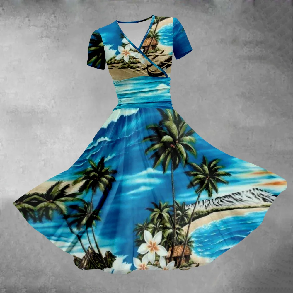 Summer Dress 2024 Coconut Tree Pattern Dress Beach Luxury Stylish Evening Dresses Fashion Women Party Girl Vestido Elegant Robes