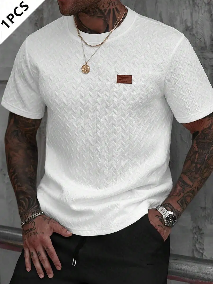 

Мужская белая футболка с коротким рукавом из жаккарда с текстурой, повседневная летняя одежда