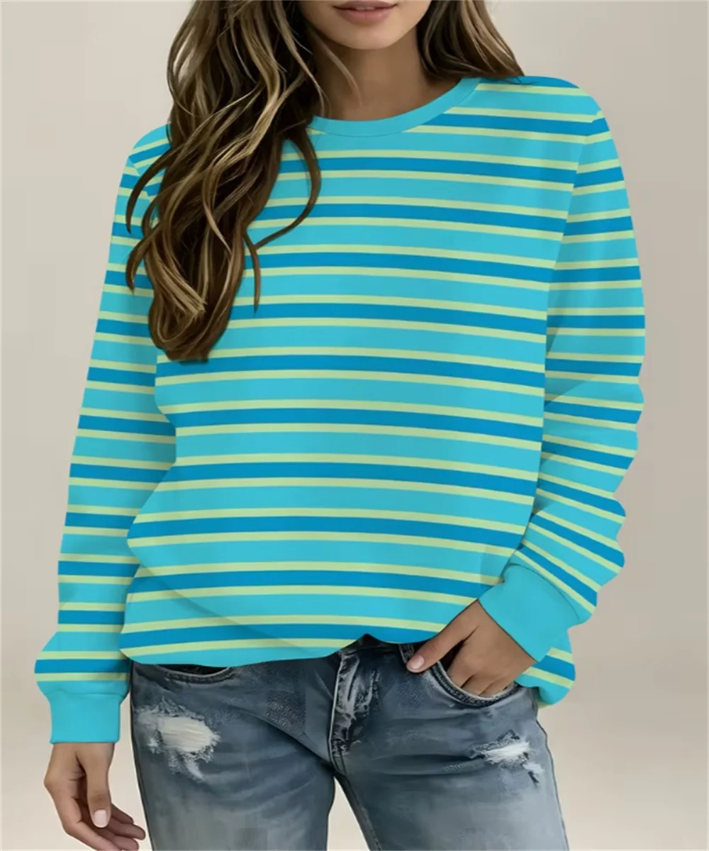 2026 Autumn Women's Blue Lime Horizontal Stripe Print Crew Neck Sweatshirt, Long Sleeve Casual Pullover Top